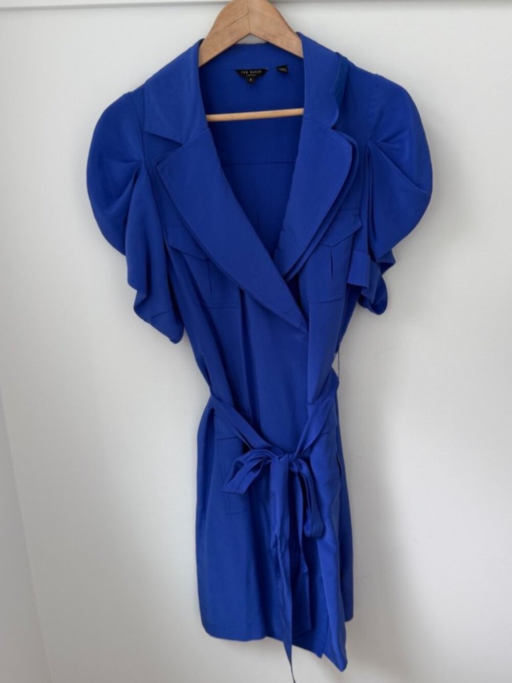 TED BAKER Royal Blue Utility Wrap Silk Mini Dress Puff Sleeve
